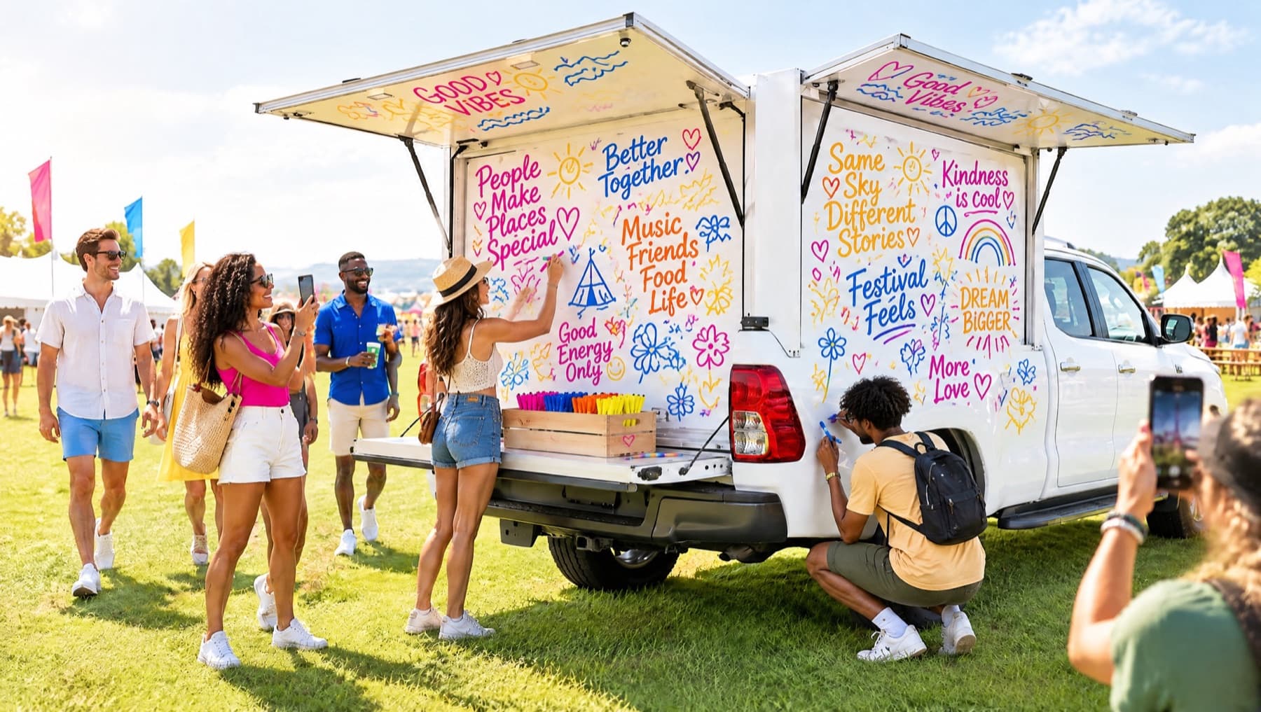 A crowd writing on the bakkie's walls, now covered in colourful handwriting