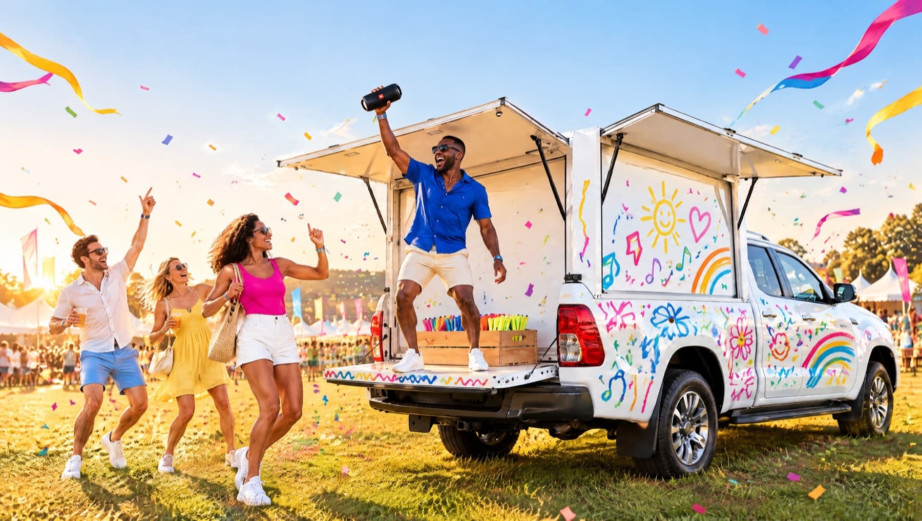 People dancing round the doodled bakkie at golden hour, one holding a speaker on the tailgate
