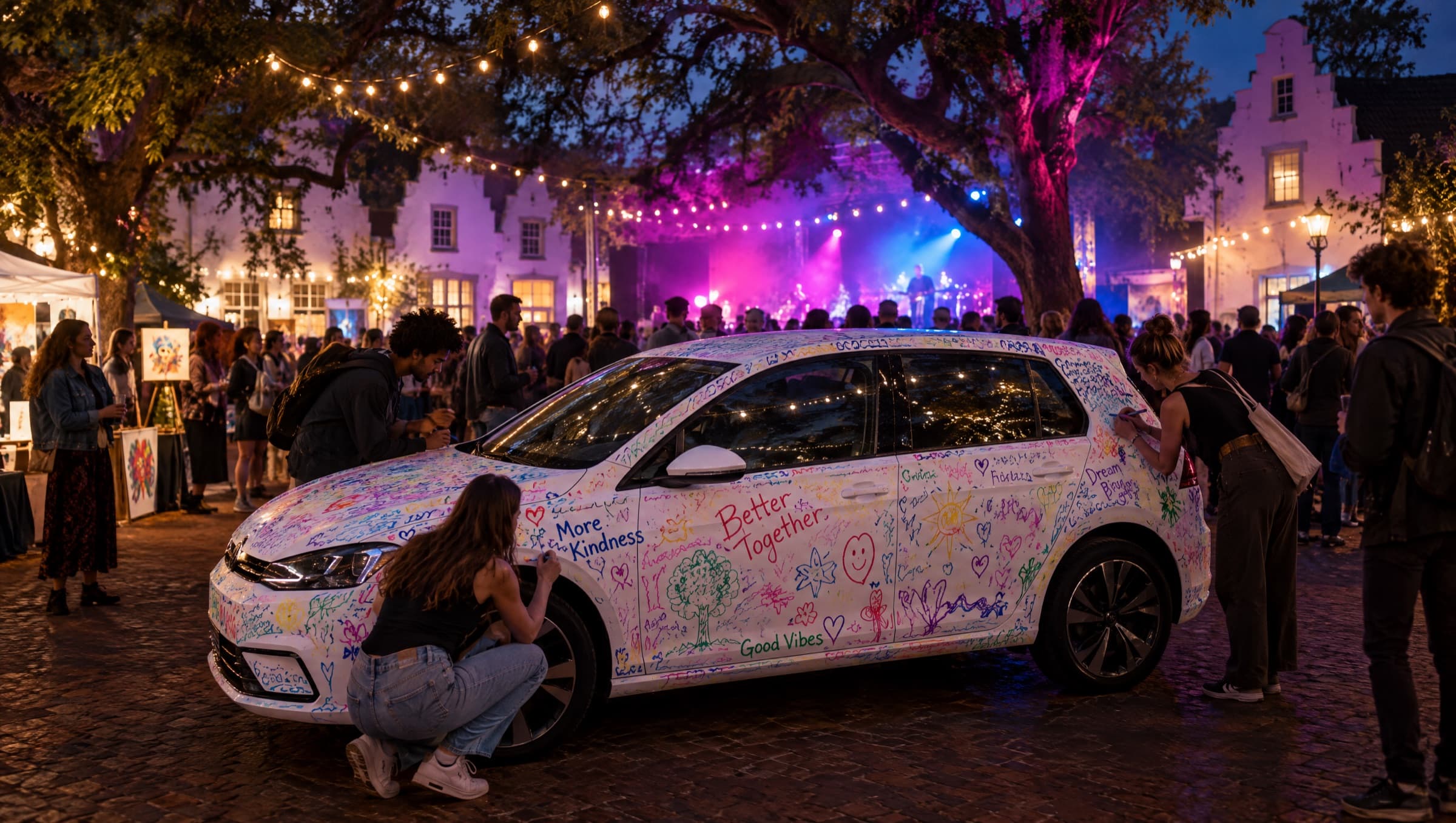 A crowd at a night-time arts festival writing on a hatchback wrapped in white and covered in handwriting