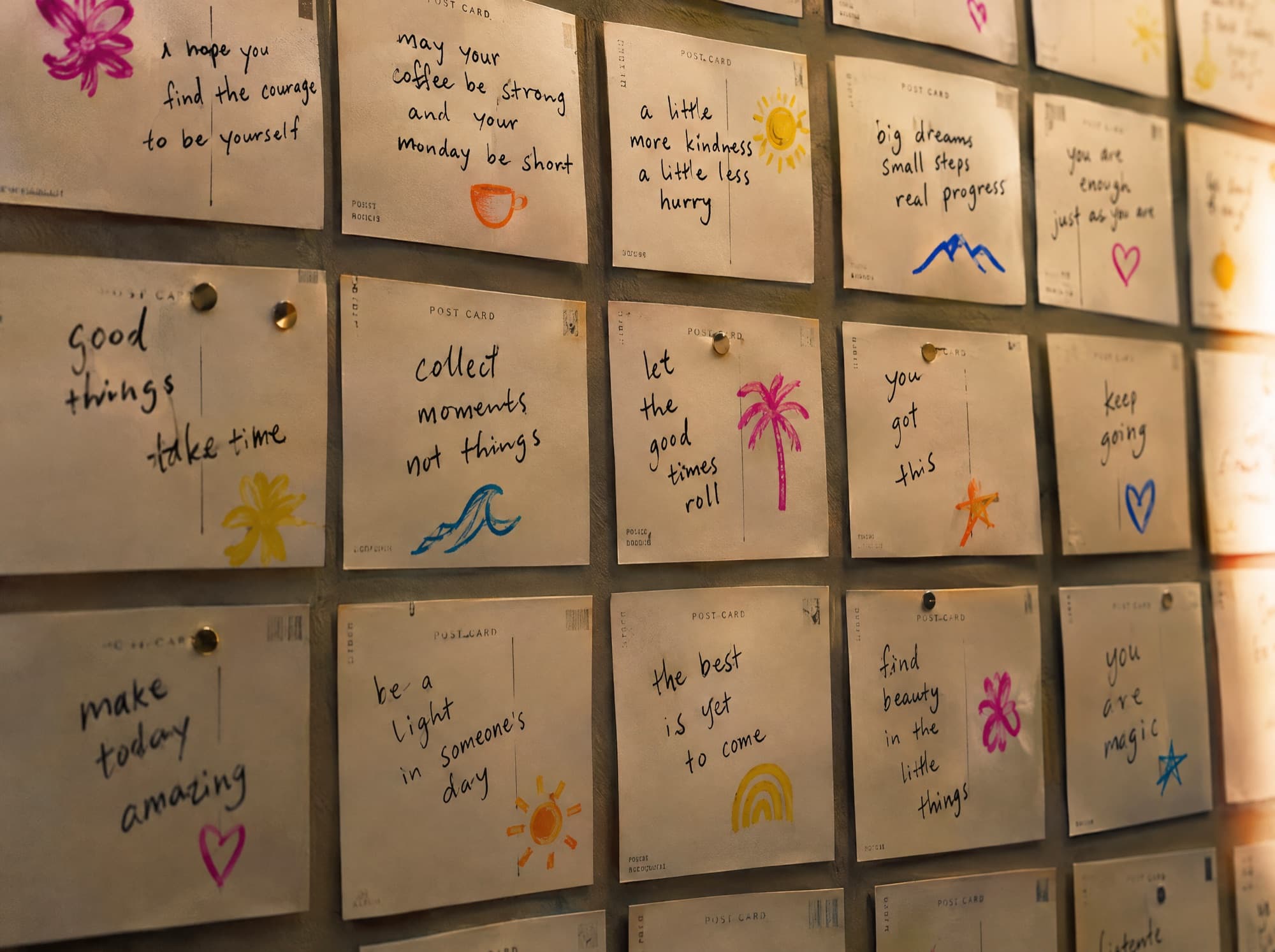 A grid of handwritten postcards with small colourful doodles